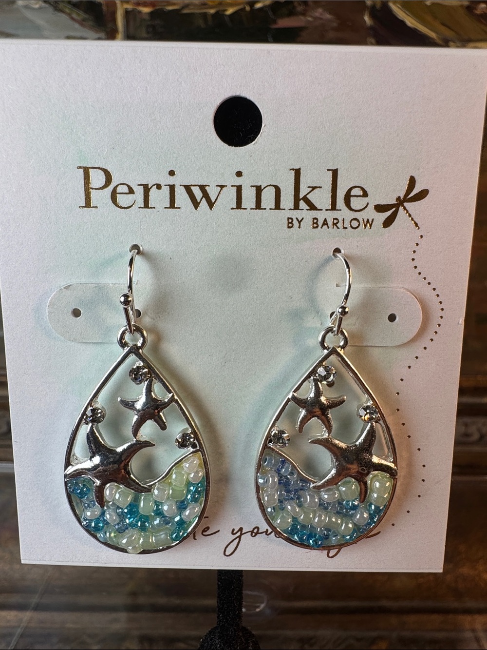 0459-Periwinkle by Barlow Silver Teardrop Starfish Earring with Blue/White Beads